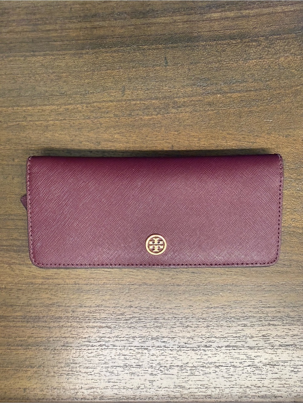 Tory Burch Burgundy Saffiano Leather Continental Wallet with Gold Logo
